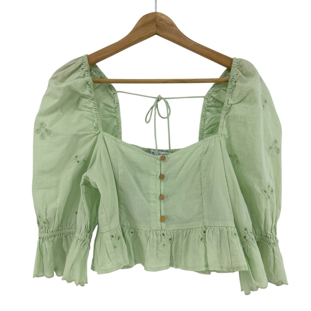 Zara Puff Sleeve Smocked Back Embroidered Top